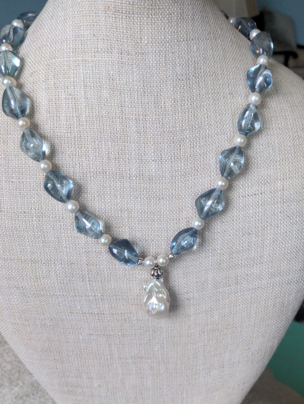 Blue Art Glass Bead + Pearl Pendant Necklace, 18"+ 2 1/2", Genuine Pearls, NEW